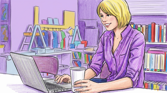 An illustration of a woman working efficiently on her laptop in a creative office, demonstrating the focus achieved by using productive websites and tools