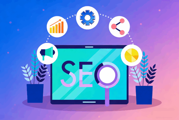 Colorful illustration: Laptop (showing “SEO”) with icons for seo project management tools features. Covers seo workflow/task management, seo campaign management software, project management software for seo, task management for seo, seo client management software, seo task management tool, seo project manager tool.