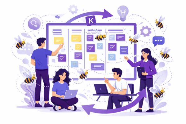 Agile team swarming together on a Kanban board in a collaborative workflow.