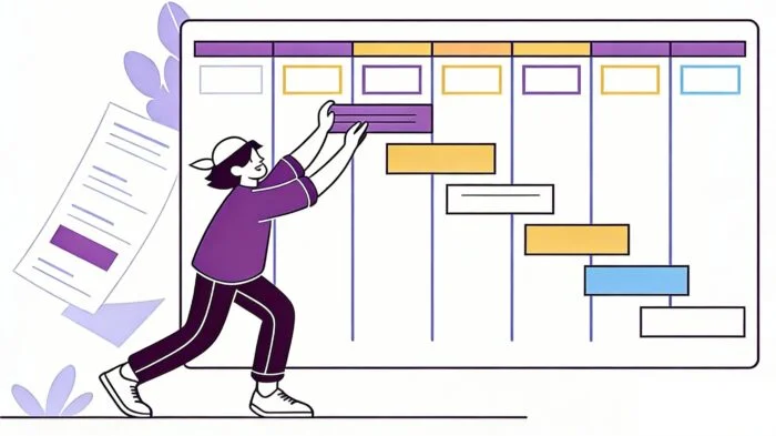 workback-plan-workback-schedule Illustration of a project manager creating a workback schedule on a Gantt chart with color-coded timeline bars and hierarchical task breakdown in Kanbanchi