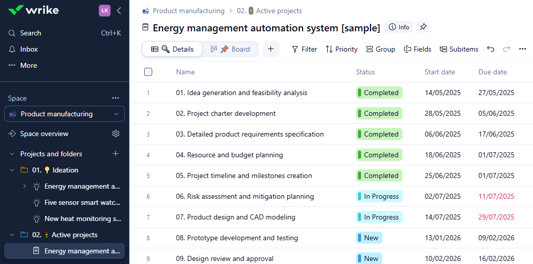 Screenshot of a Wrike project board for large organizations