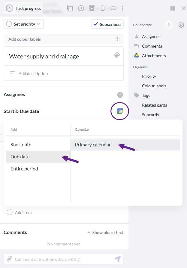 A software interface for a task titled "Water supply and drainage." A dropdown menu shows options to add a "Due date" to a "Primary calendar" via a Google Calendar icon. Purple arrows and circles highlight the integration steps, demonstrating how project management software connects to a personal calendar