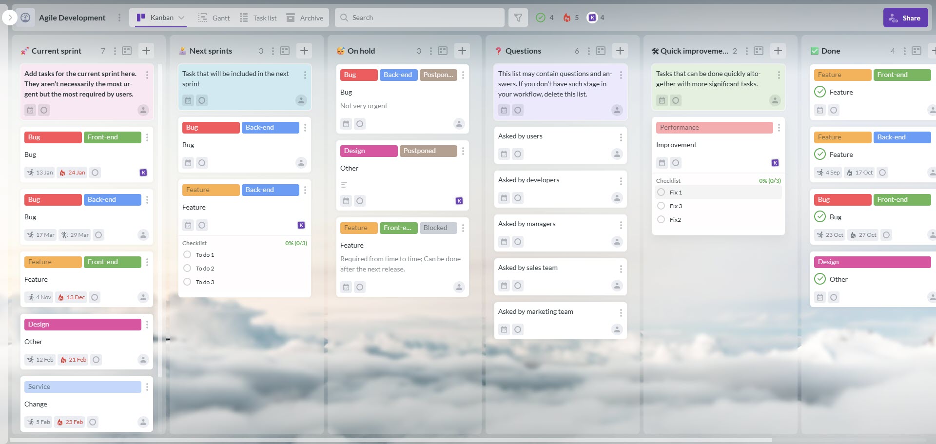 A digital Scrum board example in Kanbanchi showing an Agile Development workflow with columns like "Current sprint" and color-coded task cards, illustrating cloud-based accessibility