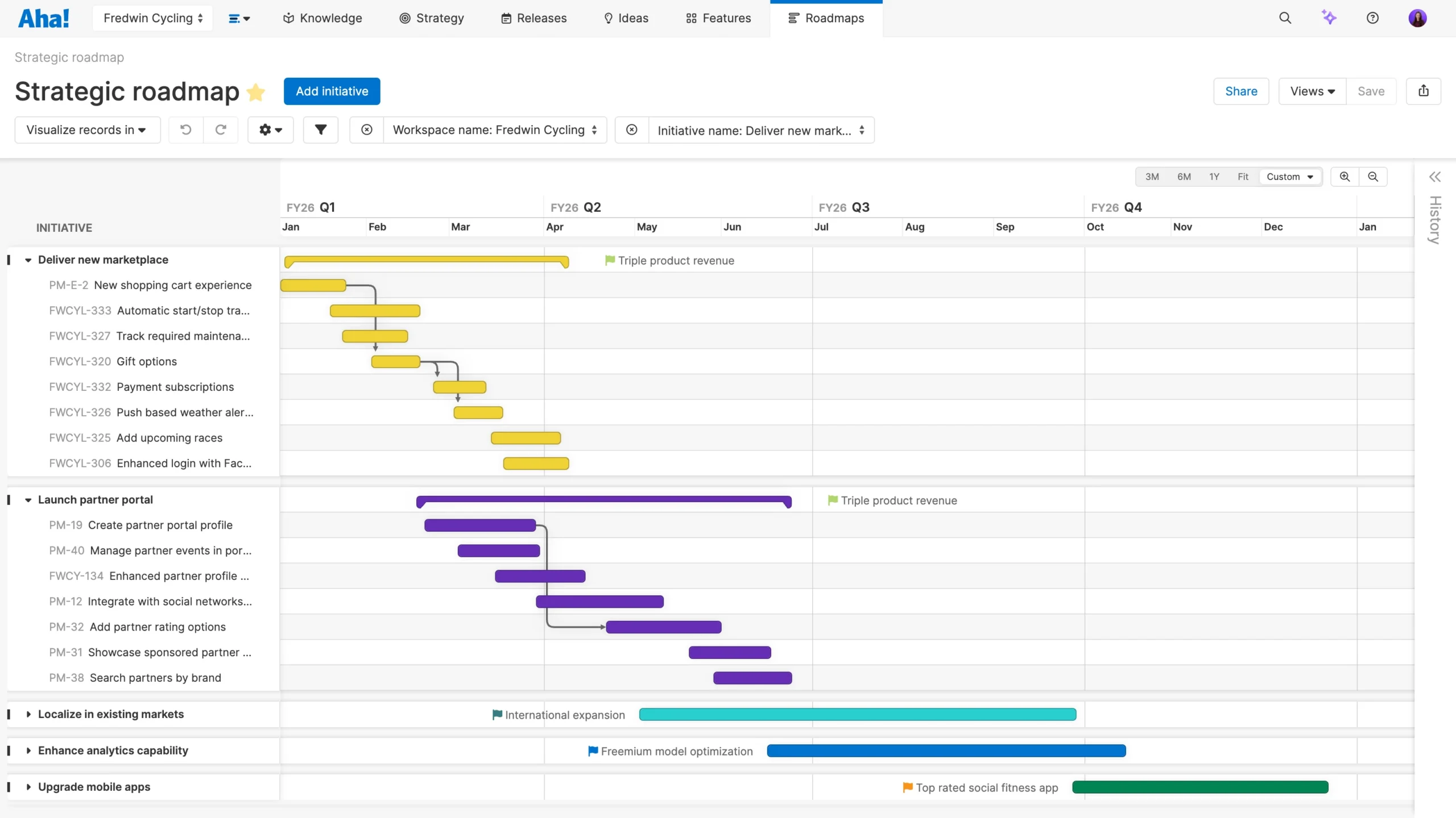 An Aha! strategy roadmap visualization linking high-level product goals to specific initiatives and release timelines