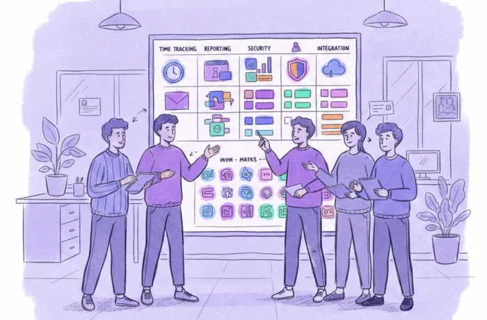 An illustration of a five-person agile team choosing software