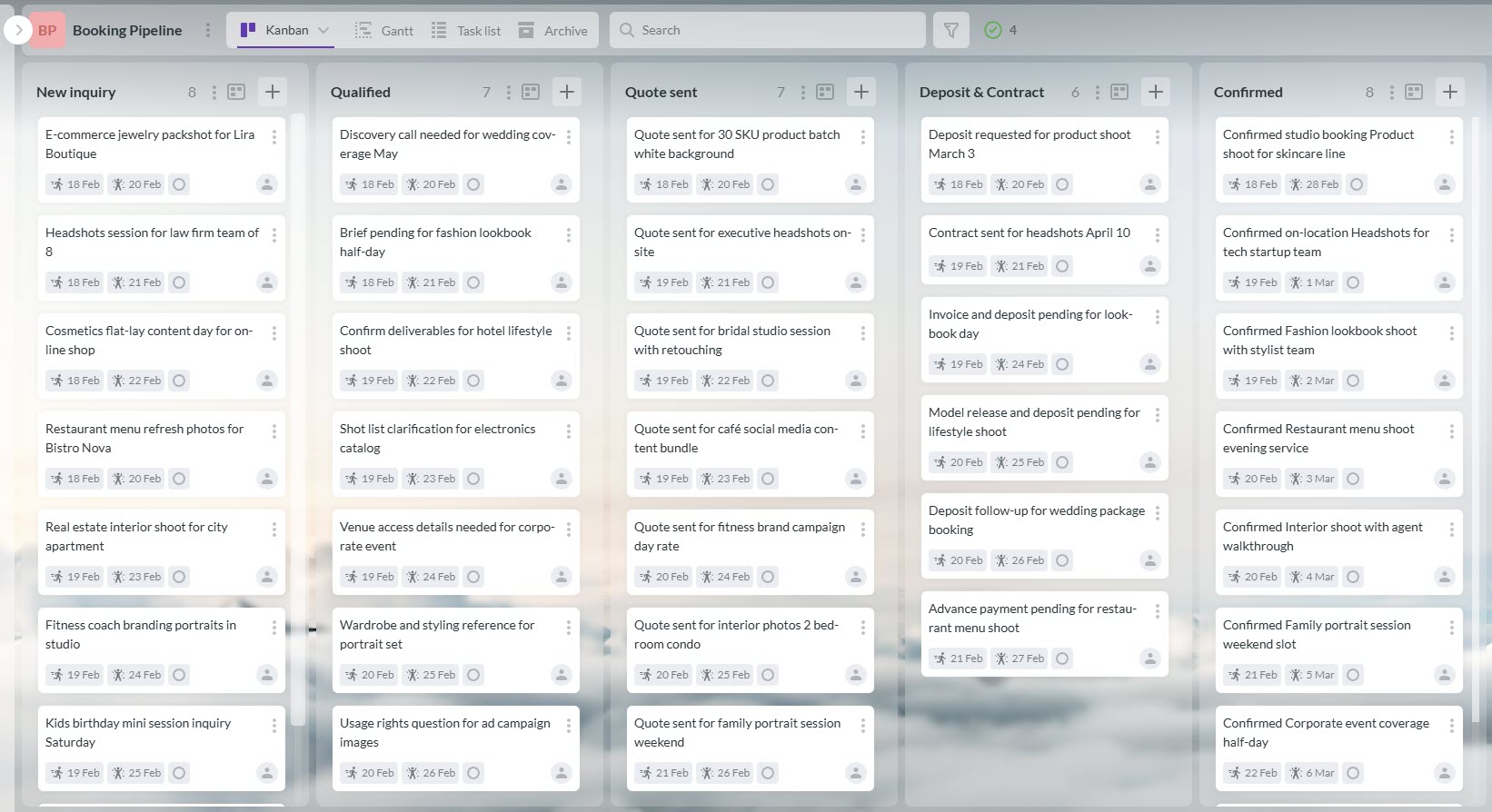 Booking pipeline Kanban board for photo studio workflow management in Kanbanchi