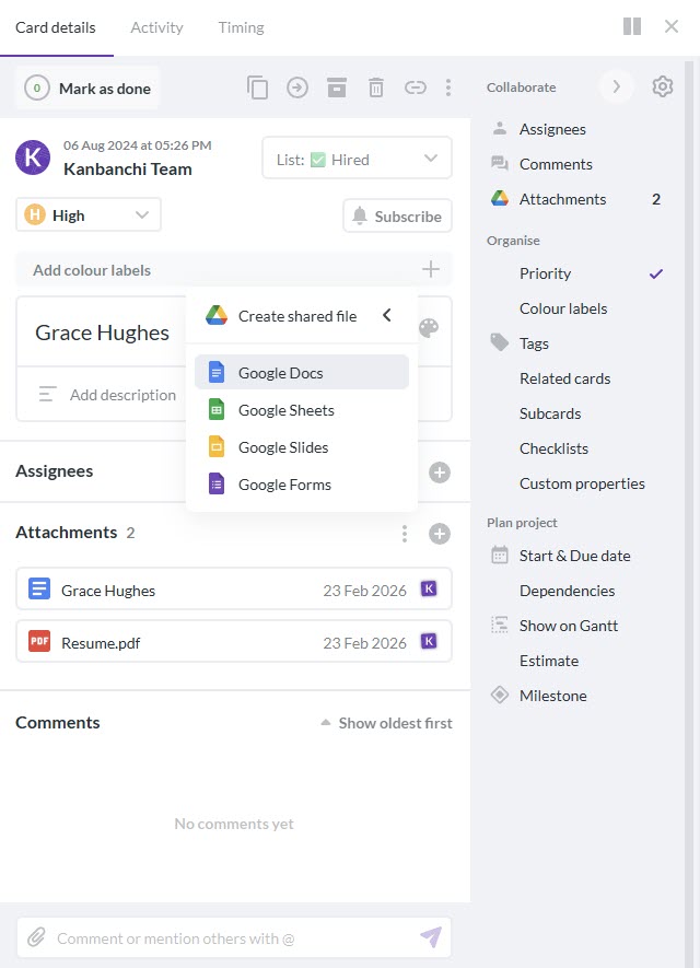 A Kanbanchi task card showing a Google Drive resume and a Google Doc of interview feedback attached in one place, a key feature of project management software for HR