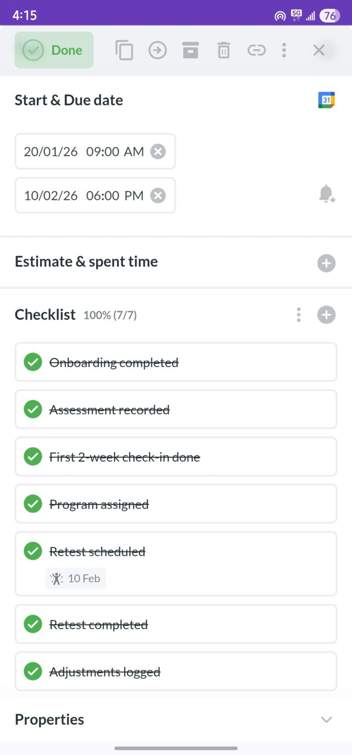A mobile screenshot of a Kanbanchi task card showing a fully completed client progress checklist with items like "Onboarding completed," "Program assigned," and "Retest scheduled