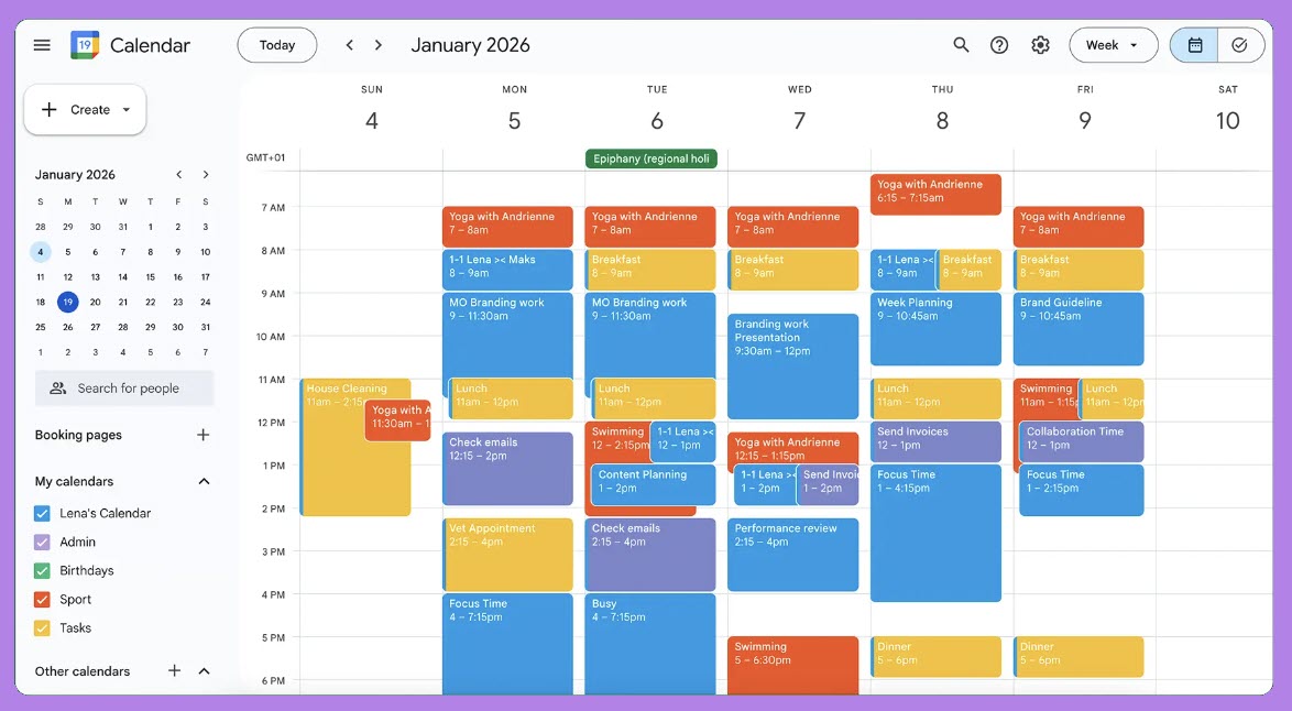 A screenshot of a heavily cluttered Google Calendar showing a week view packed with overlapping, color-coded tasks, meetings, and personal appointments.