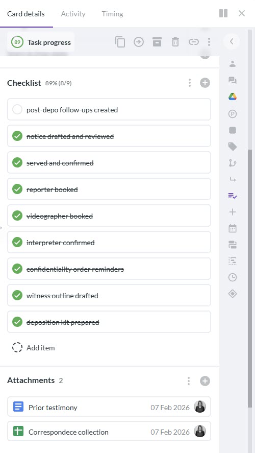 A screenshot of a Kanbanchi task card displaying a "Deposition" checklist with items like "reporter booked" and "videographer booked," alongside Google Drive attachments for prior testimony and correspondence