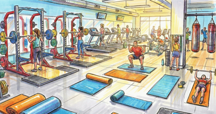 An illustration of a bustling gym floor with members using weights, cardio equipment, and boxing zones, representing the diverse operational needs managed by fitness center project management software