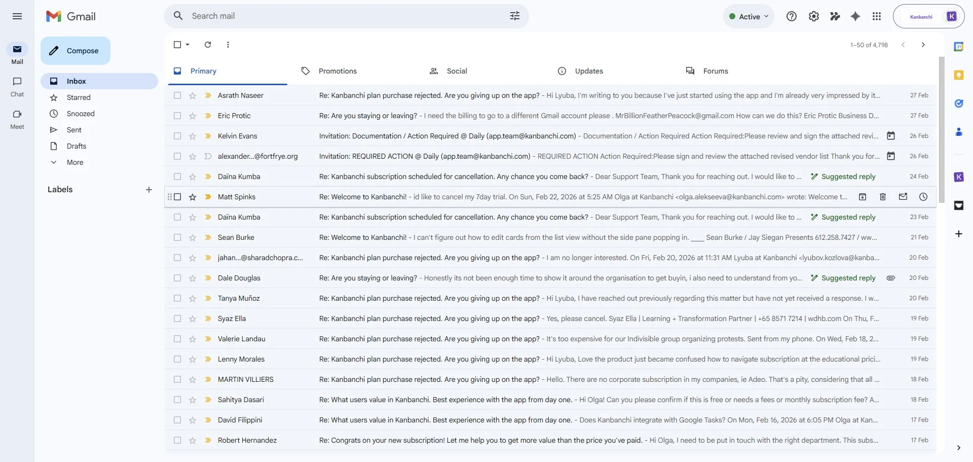 A screenshot of a busy Gmail inbox filled with numerous unread emails, demonstrating how easily project updates can get lost in long, cluttered threads.