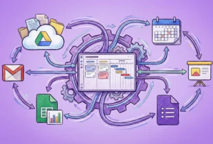 A colorful, sketch-style illustration on a purple background showing a central project management dashboard seamlessly connecting to Google Drive, Gmail, Calendar, Sheets, Slides, and Forms icons via workflow arrows.