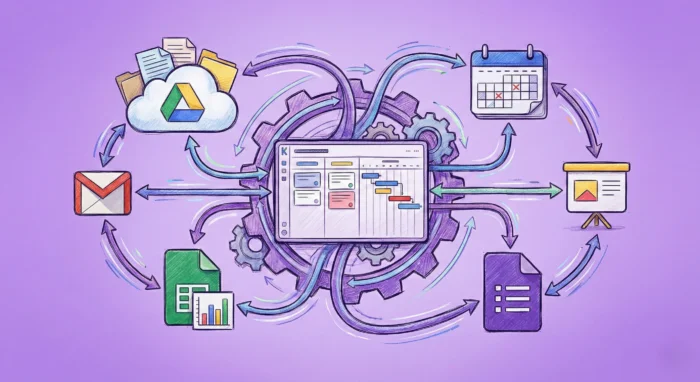 google-apps-project-management-illustration A colorful, sketch-style illustration on a purple background showing a central project management dashboard seamlessly connecting to Google Drive, Gmail, Calendar, Sheets, Slides, and Forms icons via workflow arrows.
