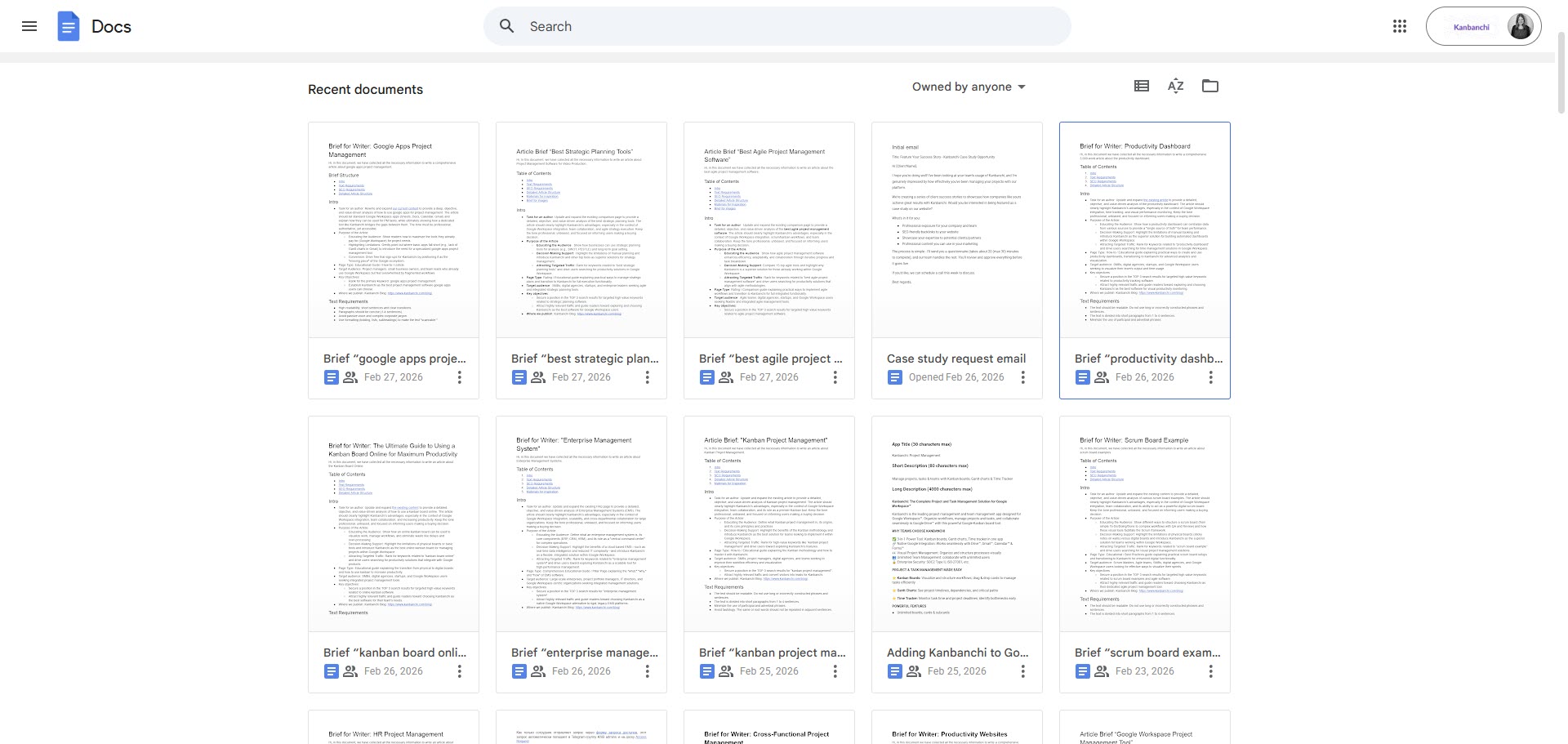 A screenshot of the Google Docs interface showing a grid of recent project documents, including various briefs and articles, illustrating document storage.