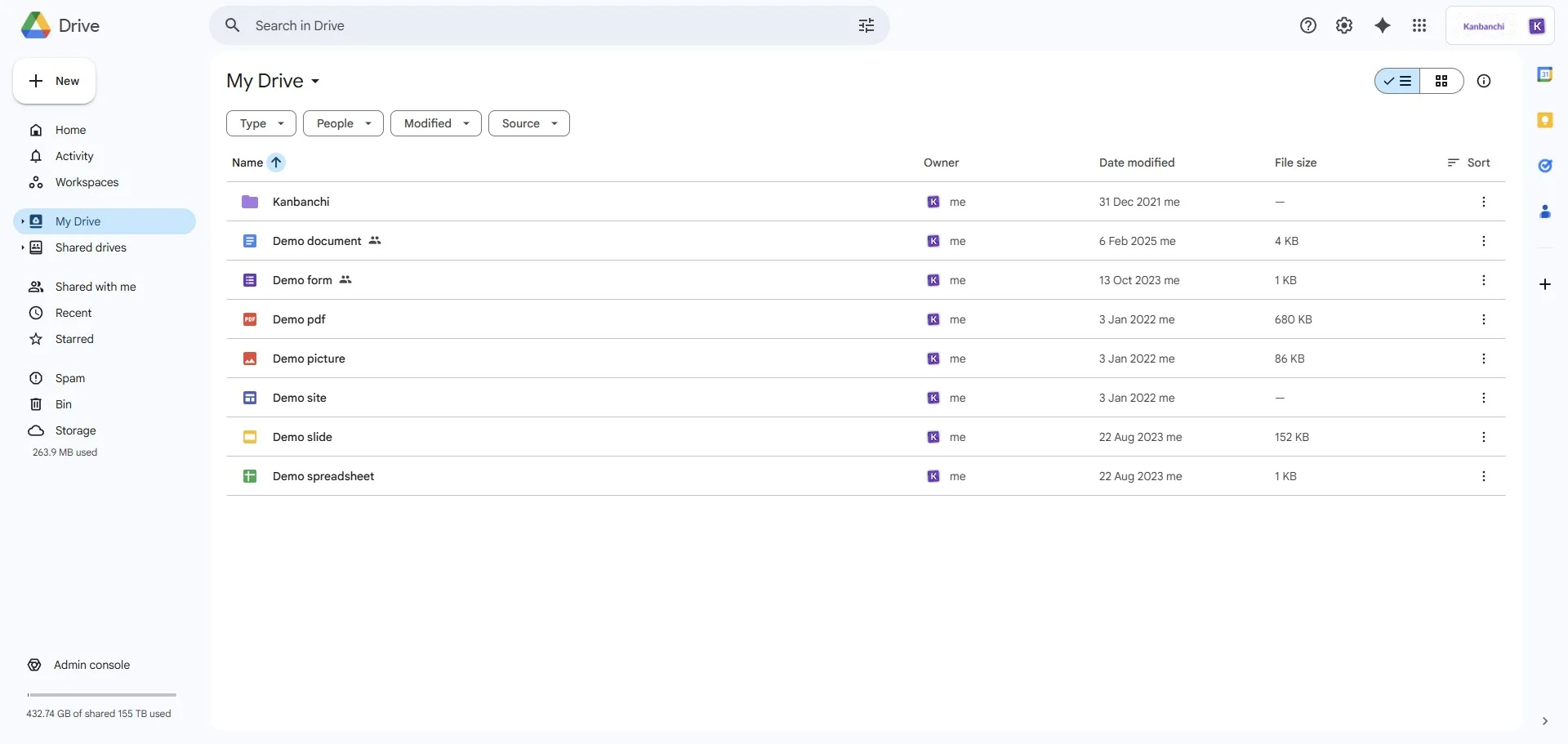 A screenshot of the Google Drive interface displaying a neatly structured list of project files, documents, and a Kanbanchi folder, illustrating cloud storage organization.