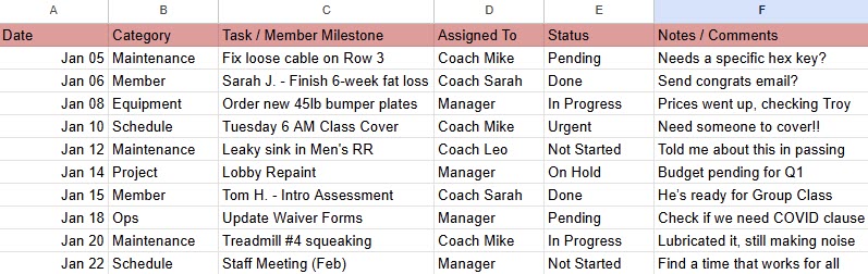 A cluttered digital spreadsheet with the gym operations