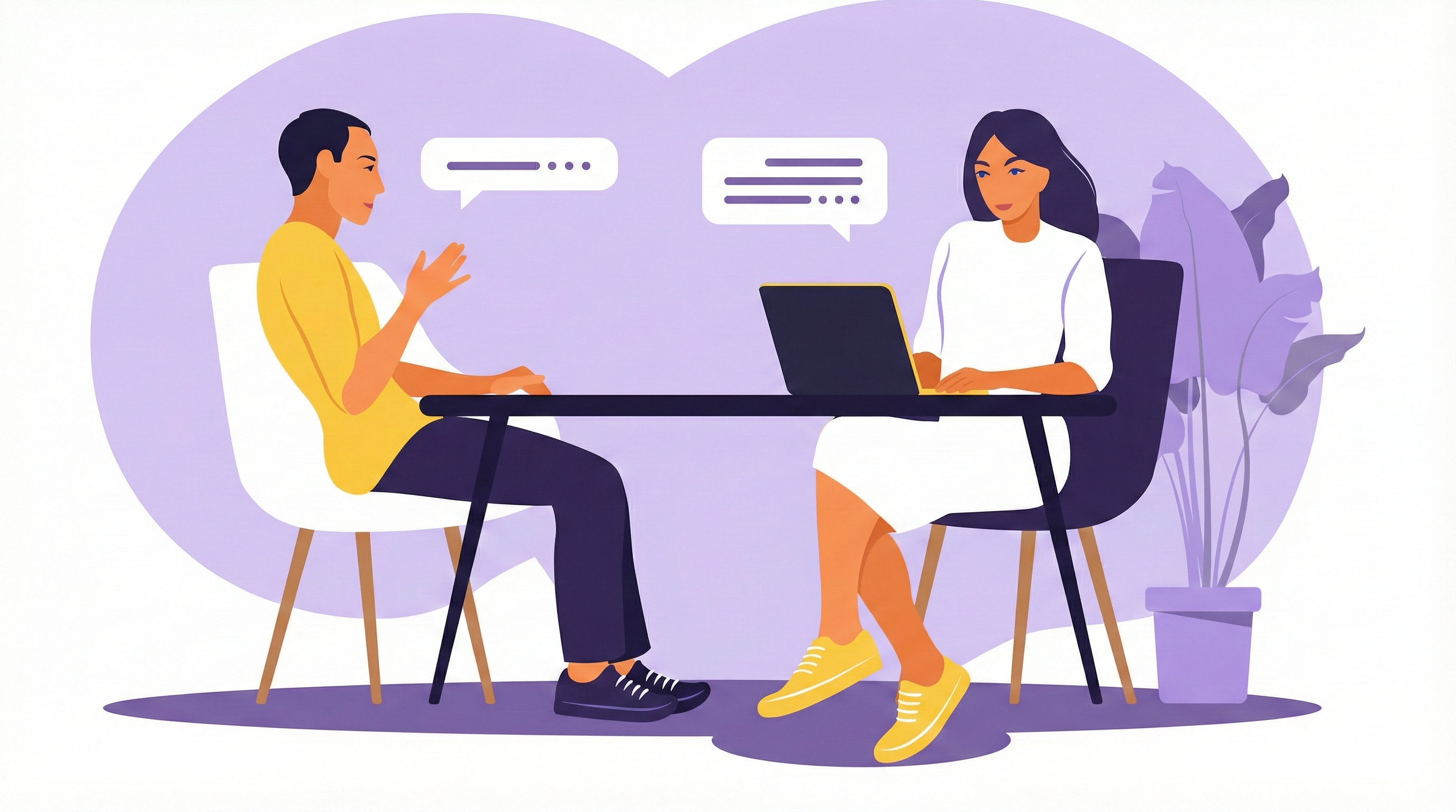 hr-project-management-illustration-interview An illustration of an HR professional conducting a job interview with a candidate, representing the structured communication and recruitment workflows optimized by HR project management