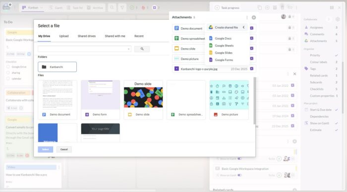 A screenshot demonstrating Kanbanchi's Google Drive integration, showing options to "Select a file" from Drive and "Create shared file" (Docs, Sheets, Slides) within a task card.