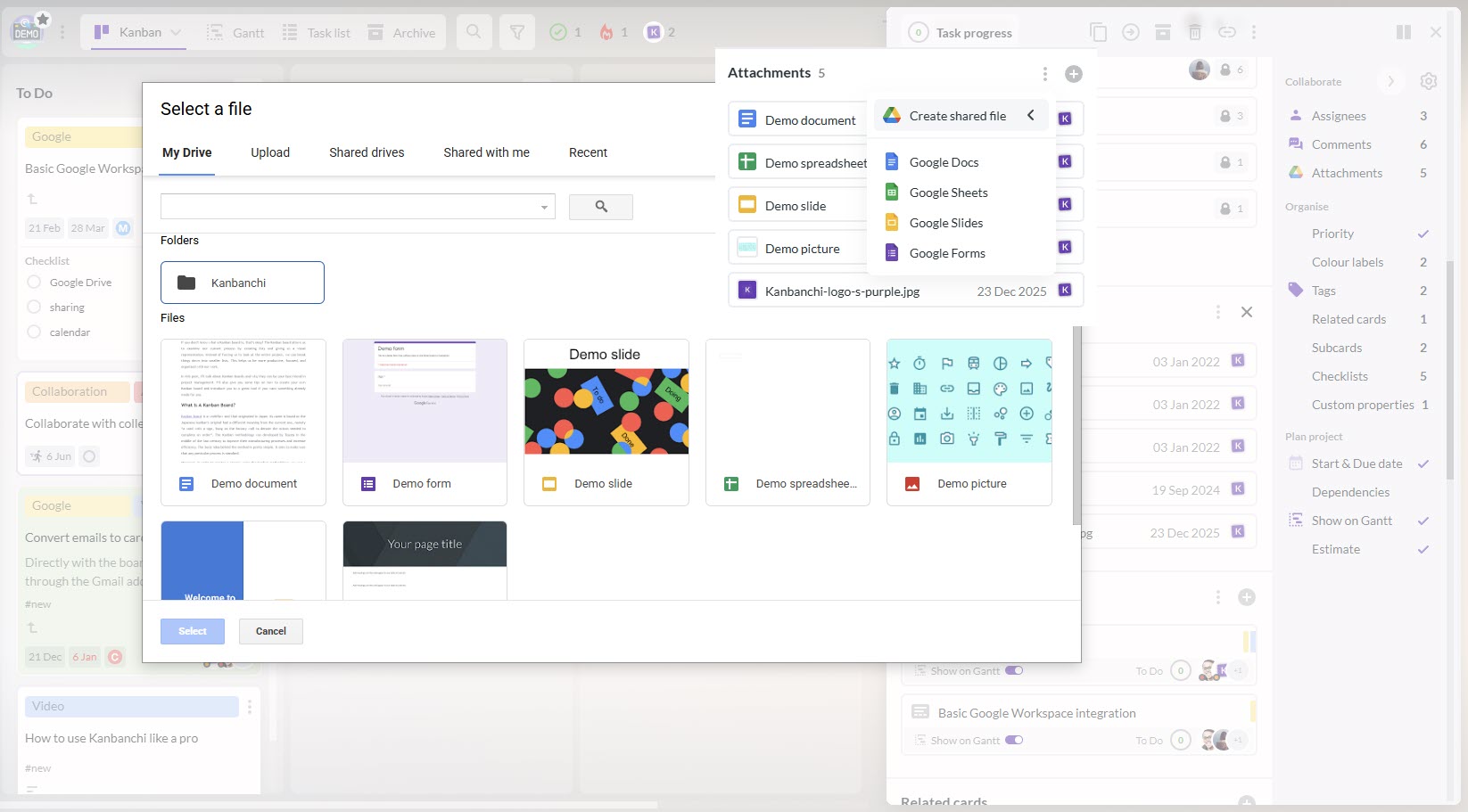 A screenshot demonstrating Kanbanchi's Google Drive integration, showing options to "Select a file" from Drive and "Create shared file" (Docs, Sheets, Slides) within a task card.