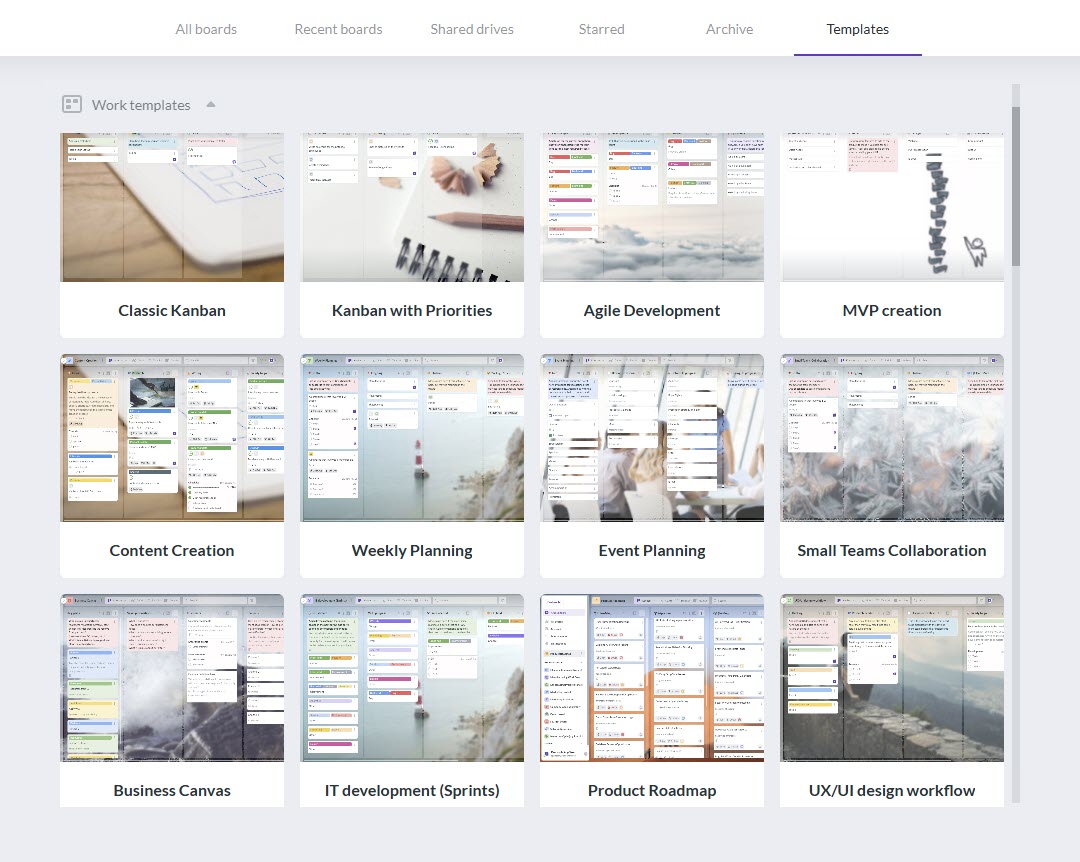 A screenshot of the Kanbanchi template gallery displaying various pre-built project boards, such as "Agile Development" and "Content Creation," illustrating the variety of a Scrum board example