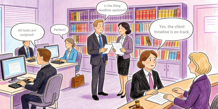An illustration of a legal team setting and confirming task assignments and timelines, demonstrating the efficiency of a well-implemented attorney task management system