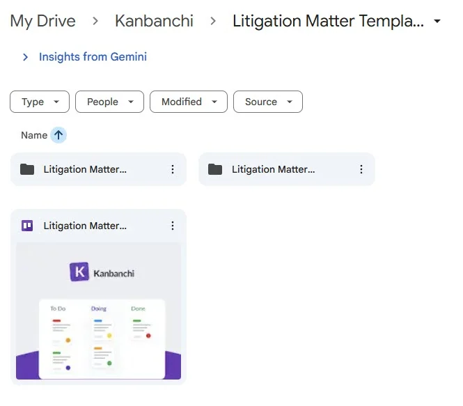 A screenshot of a Google Drive folder structure showing a Kanbanchi board titled "Litigation Matter Template" stored alongside case folders, illustrating native integration with Google Workspace