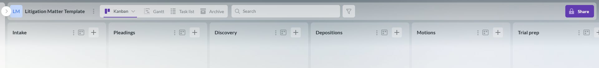 A screenshot of a Kanbanchi board layout titled "Litigation Matter Template," displaying standard legal workflow columns including "Intake," "Pleadings," "Discovery," and "Depositions."