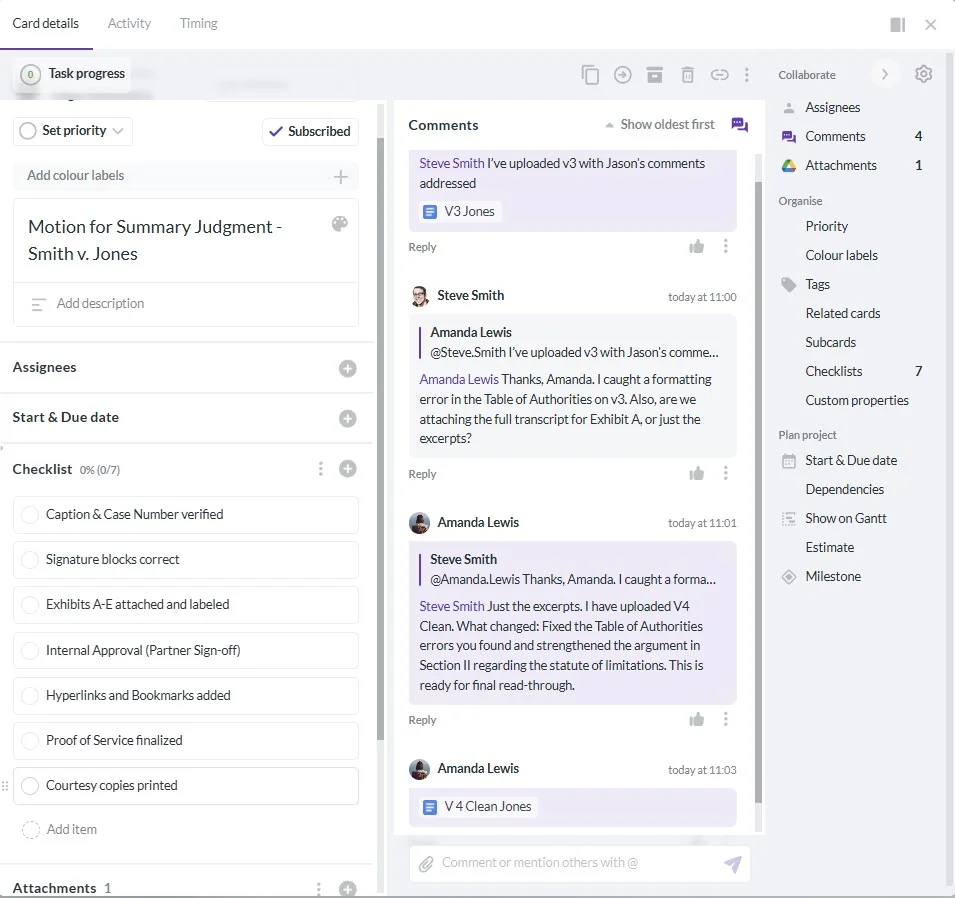 A screenshot of a Kanbanchi task card titled "Motion for Summary Judgment," featuring a detailed filing checklist on the left and a comment thread on the right where team members discuss edits and attach Google Doc versions like "V3 Jones" and "V 4 Clean Jones"