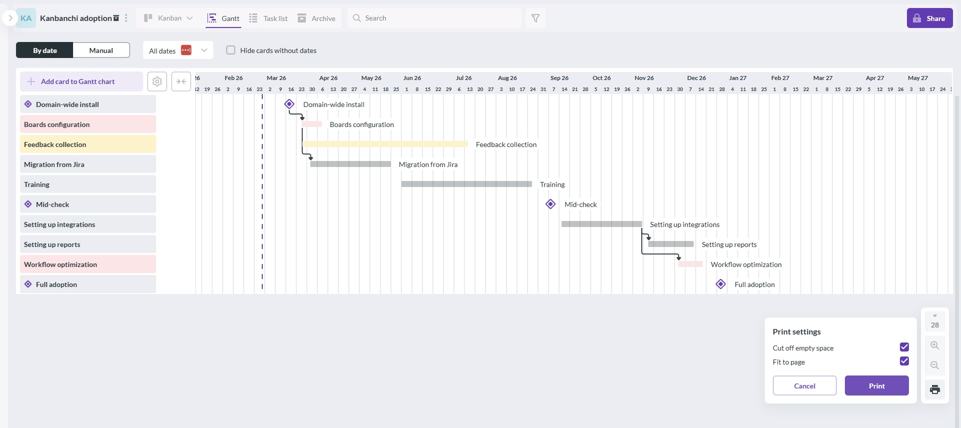 A screenshot of a Kanbanchi Gantt chart with the print settings menu open, demonstrating how to easily export a visual project timeline to add to Google Slides for presentation.