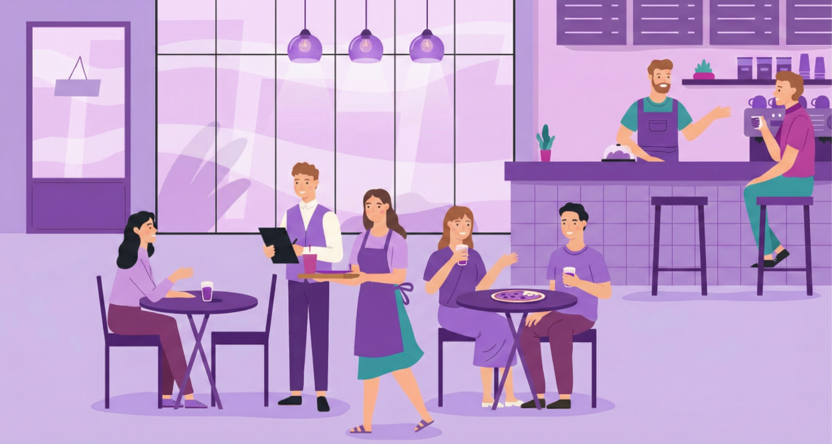 Modern cafe scene with staff coordinating service with restaurant project management software for food service task management and kitchen workflow management tools