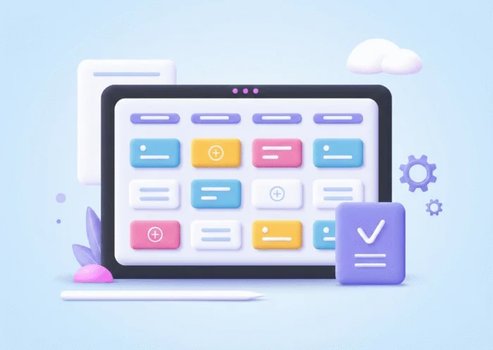 scrum-board-example-illustration-image A 3D illustration of a digital tablet displaying a colorful Scrum board example with task cards, a stylus, and a checkmark, representing clear agile project management.