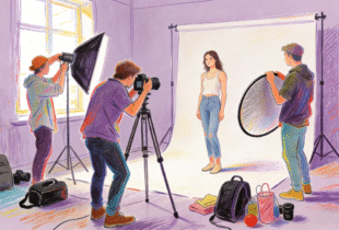 Photo studio workflow management illustration of photographers running a studio shoot with lights, reflector, and seamless backdrop