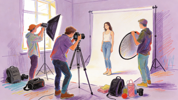 shooting-illustration Photo studio workflow management illustration of photographers running a studio shoot with lights, reflector, and seamless backdrop