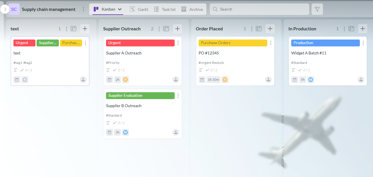 Supply Chain Project Management Workflow Board Kanbanchi board showing a supply chain project management workflow.