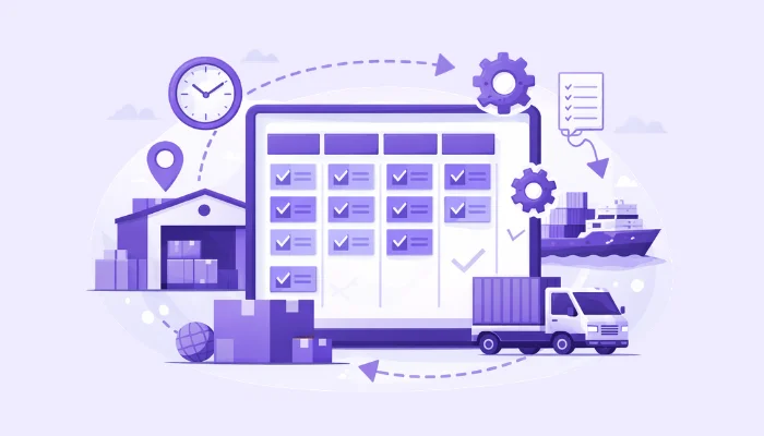 Supply Chain Project Management with Central Kanban Board Kanban board at the center of supply chain project management with warehouse, truck, and cargo ship in purple and blue tones