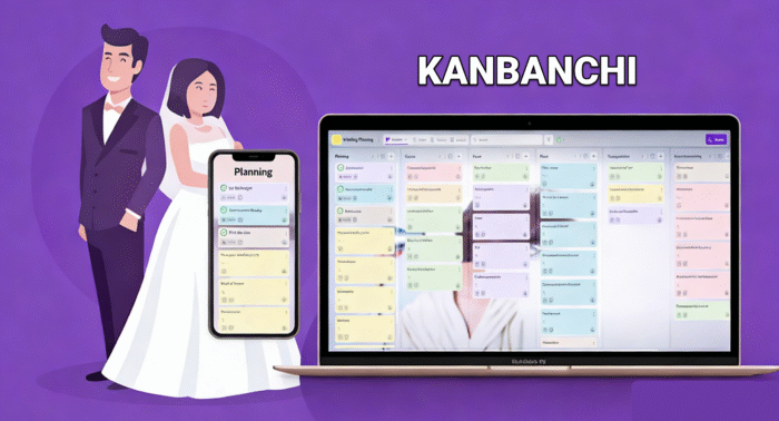 An illustration showing a bride and groom next to a laptop and smartphone displaying Kanbanchi, utilizing it as their wedding planning task management software.