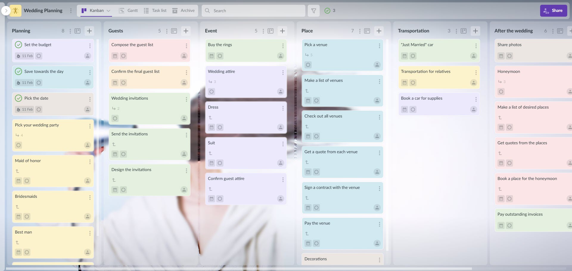 A screenshot of a detailed Kanbanchi board titled "Wedding Planning," featuring columns for "Guests," "Event," and "Place," illustrating the organization capabilities of wedding planning task management software.