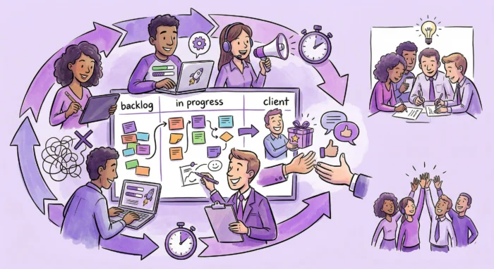 A vibrant illustration showing a business team actively collaborating around a dynamic workflow board to represent the core concepts of the 12 Agile principles