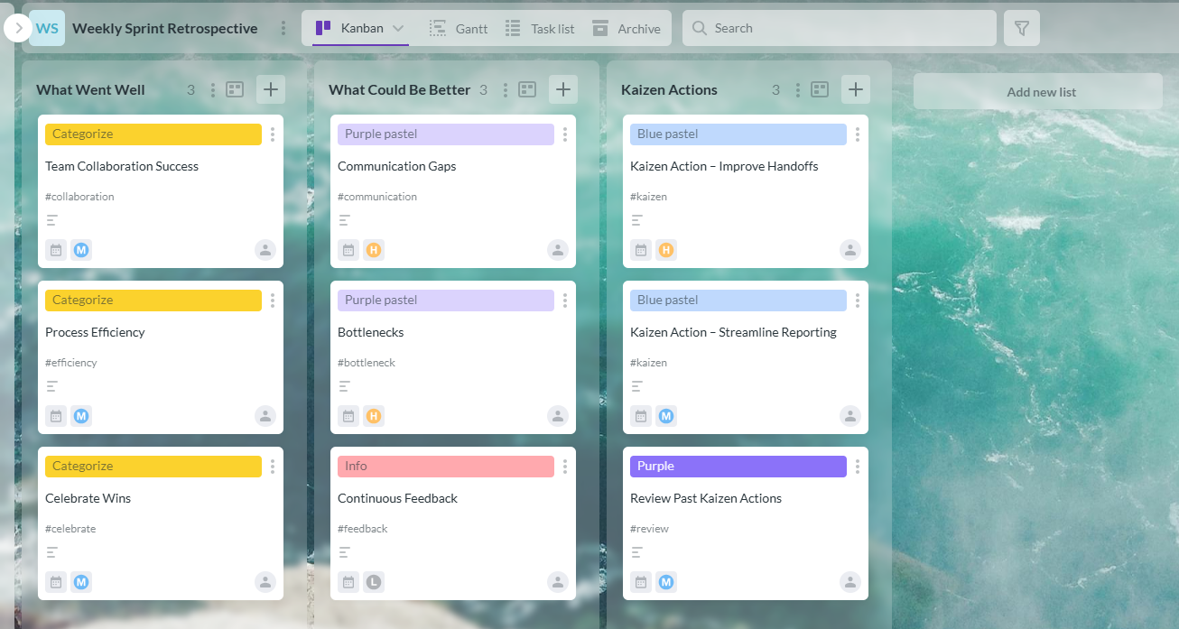 Kanbanchi Weekly Sprint Retrospective board showing columns for What Went Well, What Could Be Better, and Kaizen Actions