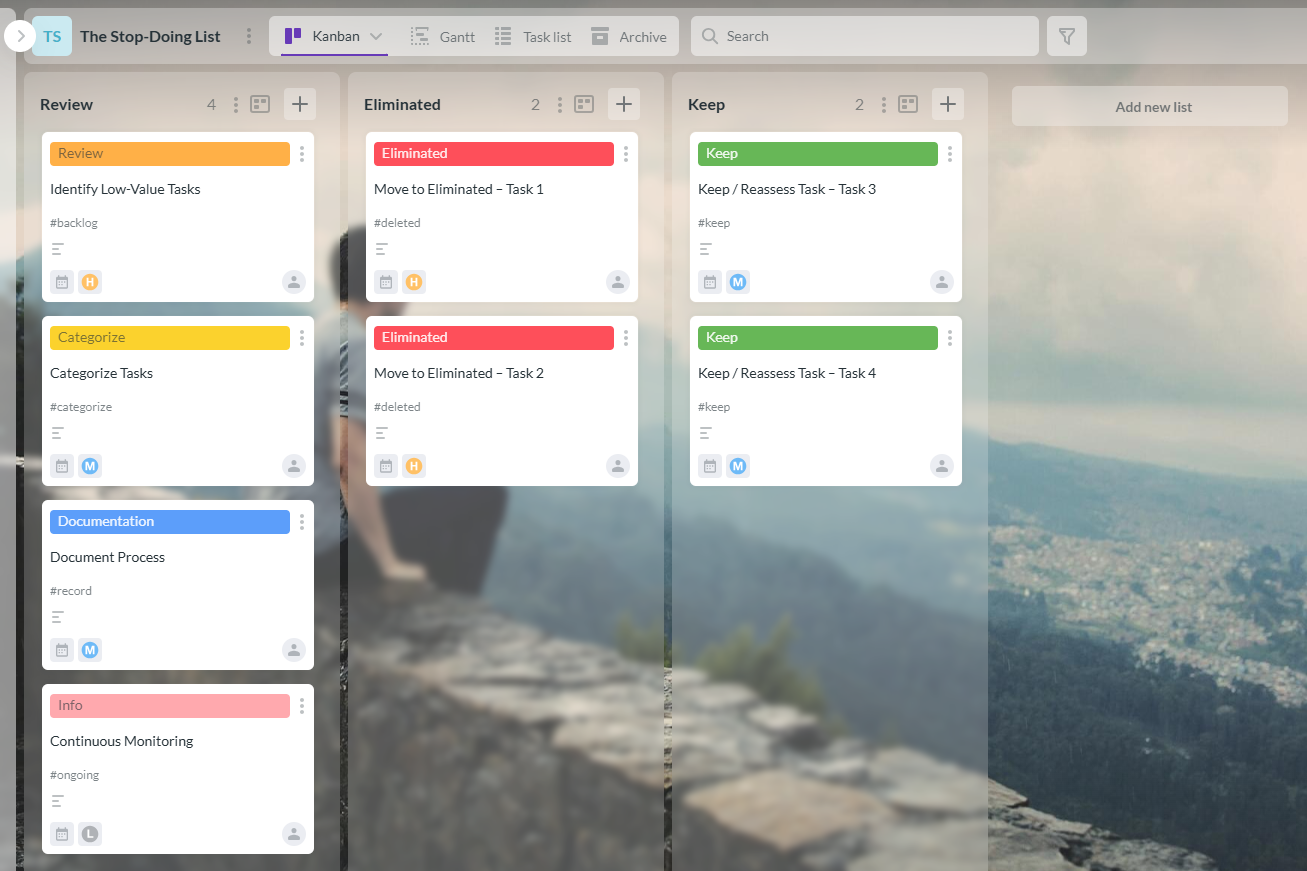 Kanbanchi Stop-Doing List board showing tasks to eliminate, keep, or review for reclaiming time