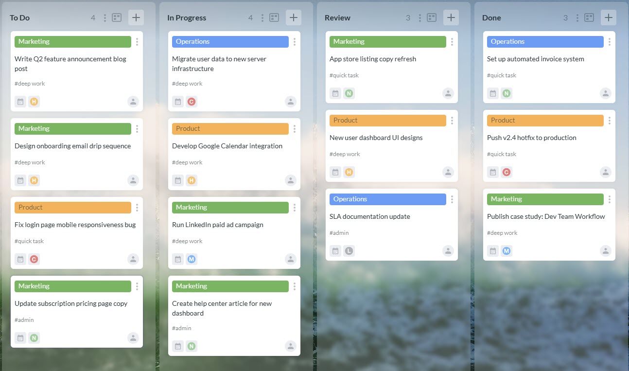 A Kanbanchi project board showing task categories examples organized into To Do, In Progress, Review, and Done lists with color labels for Marketing, Product, and Operations