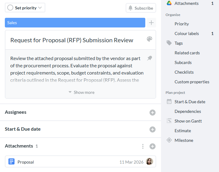Kanbanchi Procurement Task with Attached Vendor Proposal Kanbanchi task card showing a project procurement management task with an attached vendor proposal document for review.