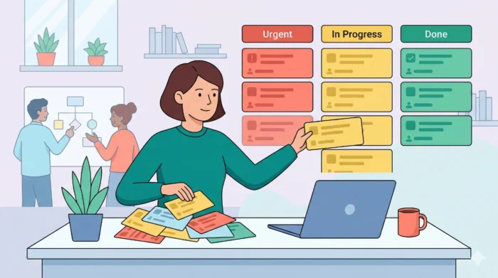 task-categories-examples-guide-illustration A professional sorting color-coded task cards into Urgent, In Progress, and Done columns - a visual guide to task categories examples for team productivity