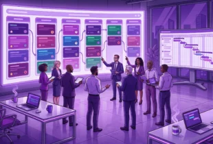A high-quality illustration depicting a productive team utilizing digital tools to organize tasks, track progress, and collaborate effectively in a modern workspace