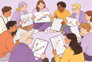 A diverse group of professional colleagues sitting in a circle while collaborating on project management schedules, Gantt charts, and task checklists displayed on clipboards