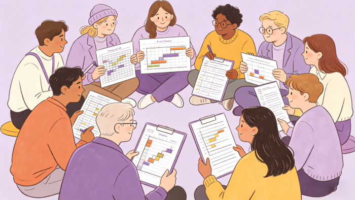 11-best-paymo-alternatives-for-teams-main-image A diverse group of professional colleagues sitting in a circle while collaborating on project management schedules, Gantt charts, and task checklists displayed on clipboards