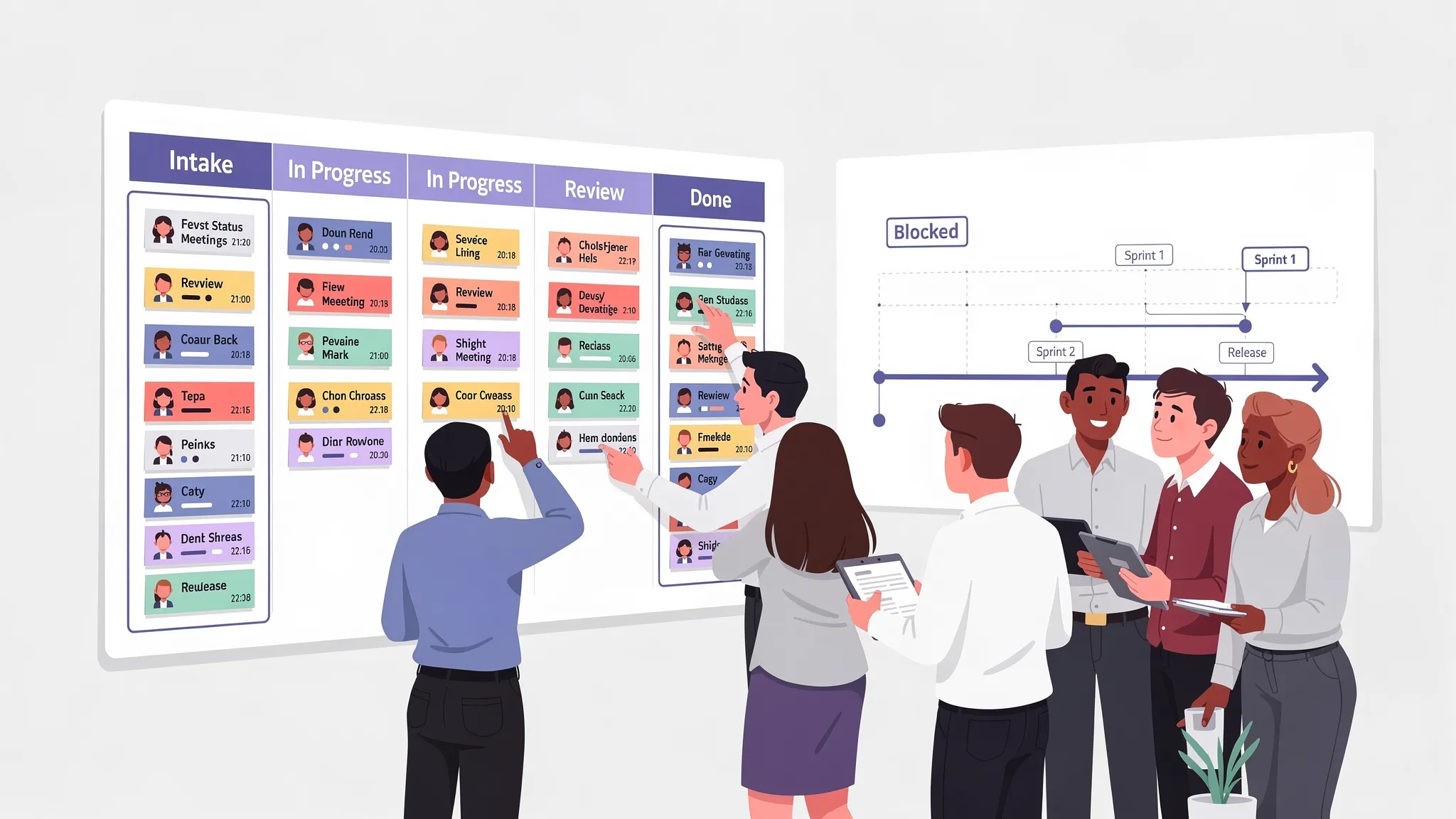 A busy cross-functional team collaborating around a large printed Kanban board and a simplified timeline plan on a whiteboard, with sticky notes representing tasks moving from intake to done. The scene shows clear ownership, due dates, and a small “blocked” area, emphasizing reduced status meetings and faster flow.