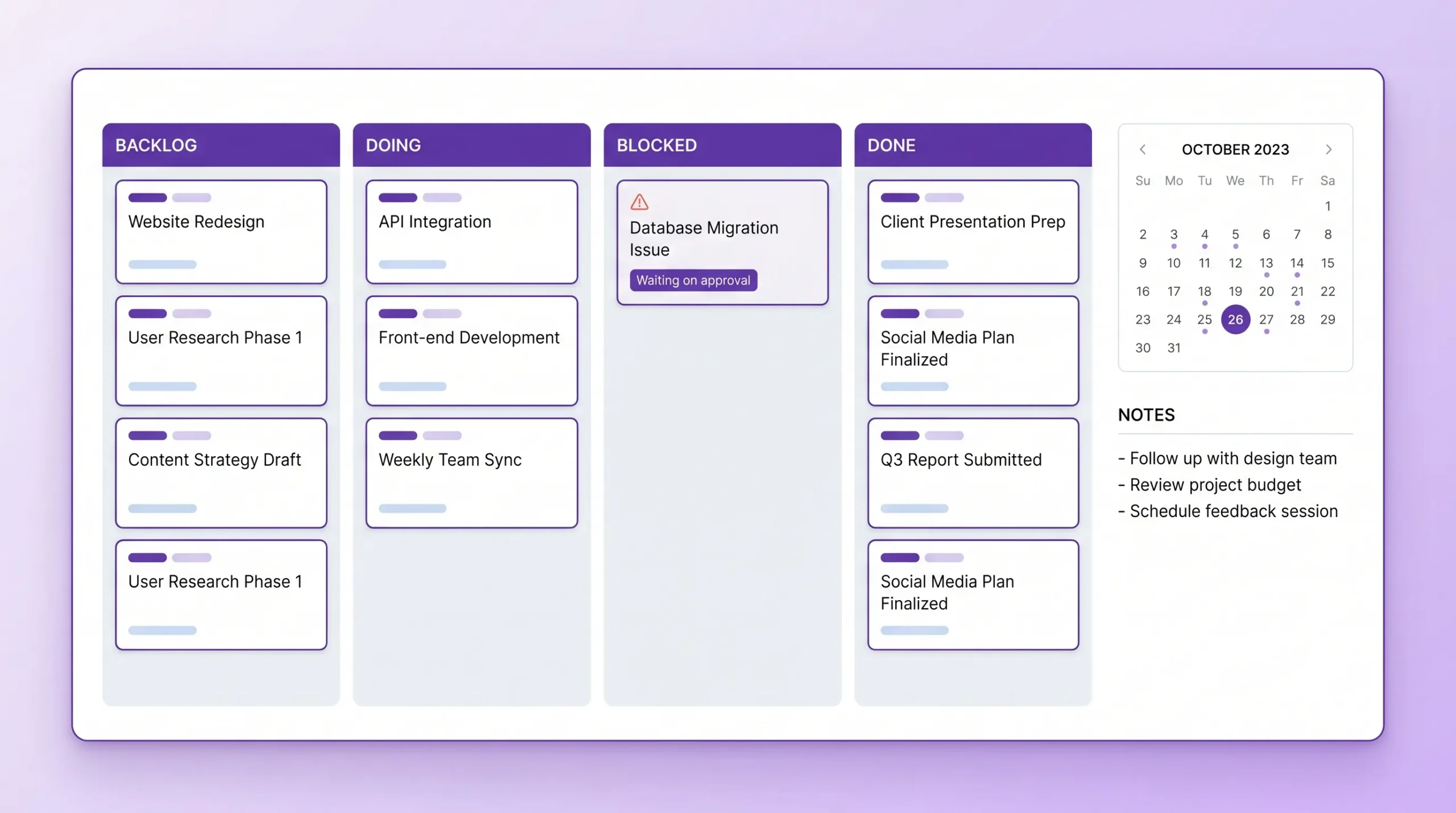 A clean task management workspace showing a simple Kanban board with columns like Backlog, Doing, Blocked, Done, plus a small calendar and a notes area, emphasizing clarity and minimal clutter.