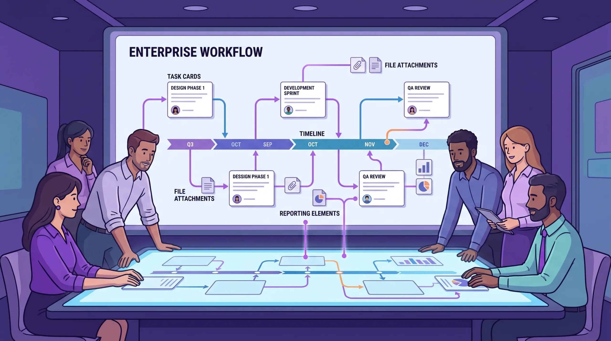 A cross-functional enterprise team planning work on a visual project board, with task cards, timelines, file attachments, and reporting elements shown as connected parts of one workflow.
